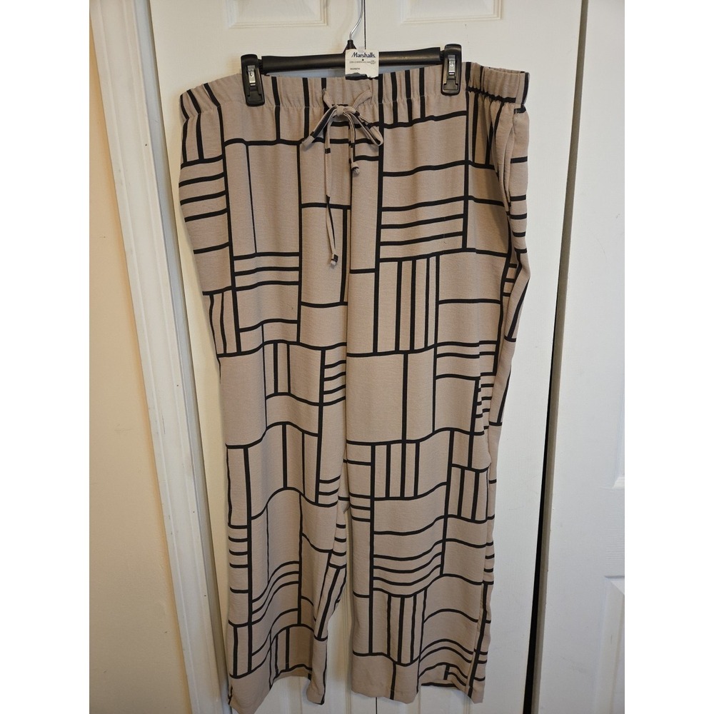 Rachel Zoe‎ 2X Wide Leg Crop Pants Pull On Drawstring Tan Black Geo Print Flowy